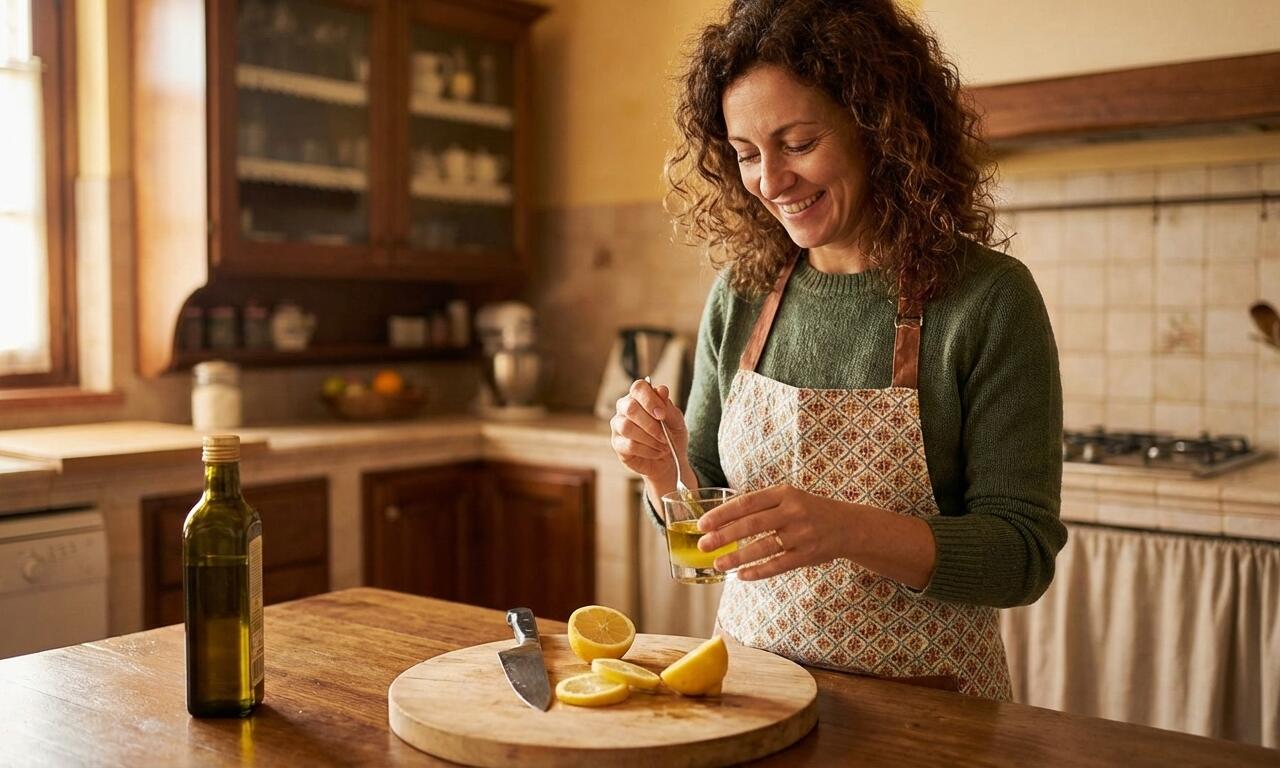 woman drinking olive oil and lemon