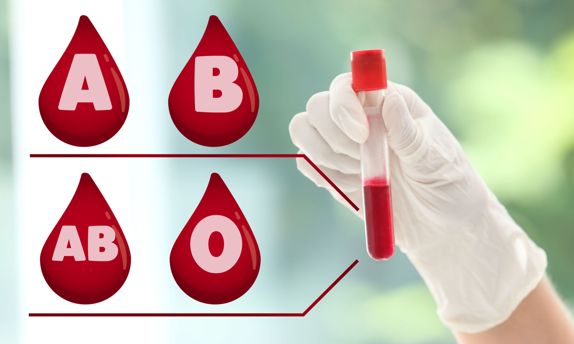 Images of drops representing different blood types and scientist with sample on blurred green background, closeup