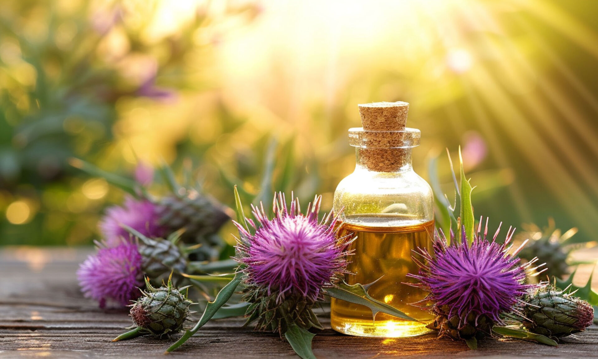 jar with thistle essential oil extract on a wooden background.