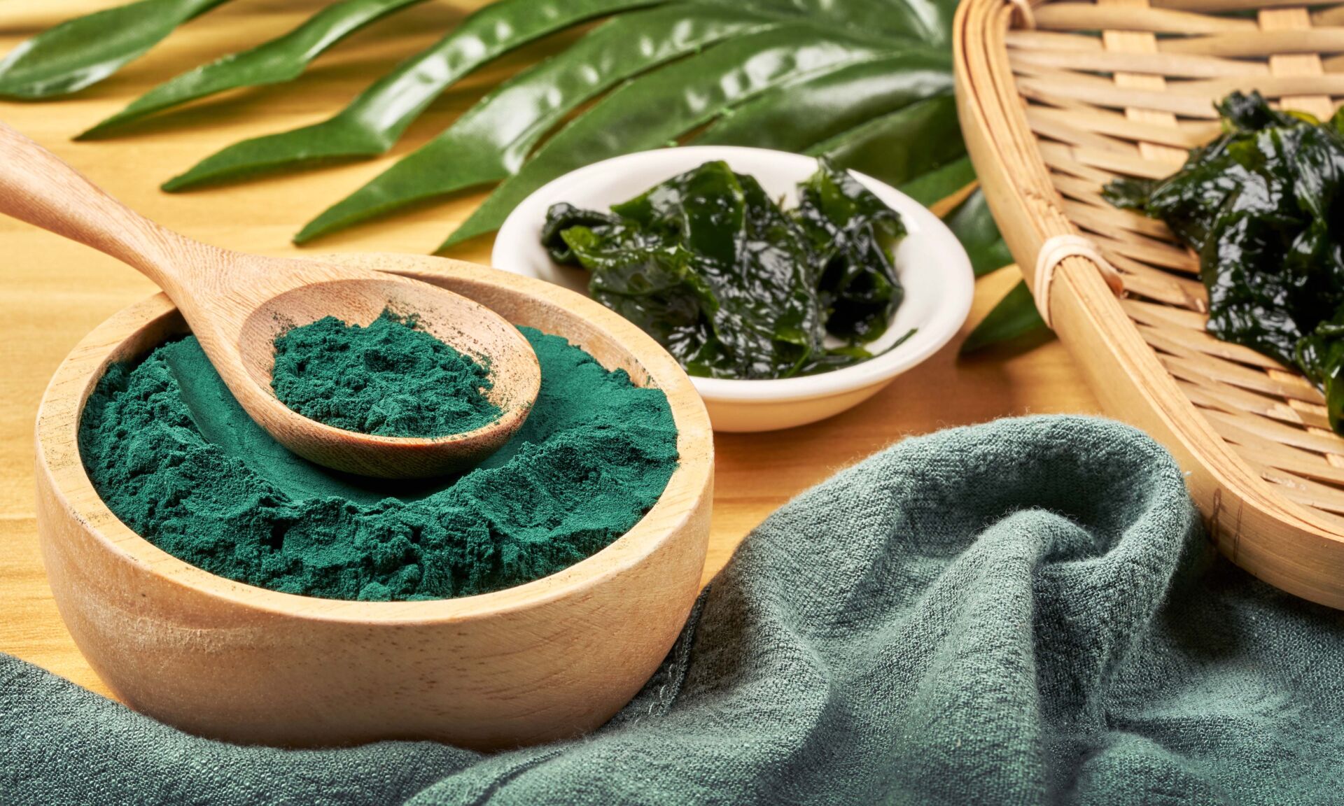 laminaria or kelp seaweed and spirulina powder in wood bowl and