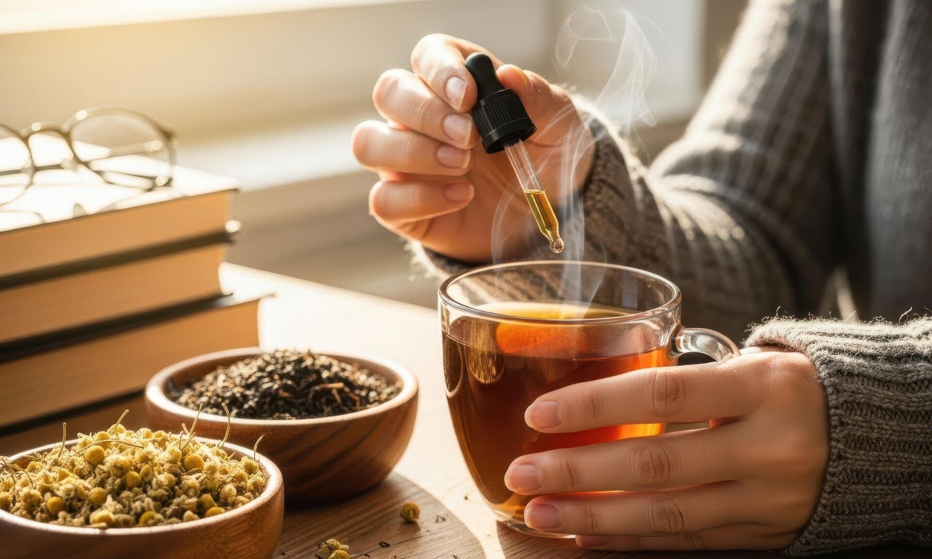 A person's hands add a drop of golden liquid from a dropper into a steaming cup of herbal tea, surrounded by dried chamomile and tea leaves.