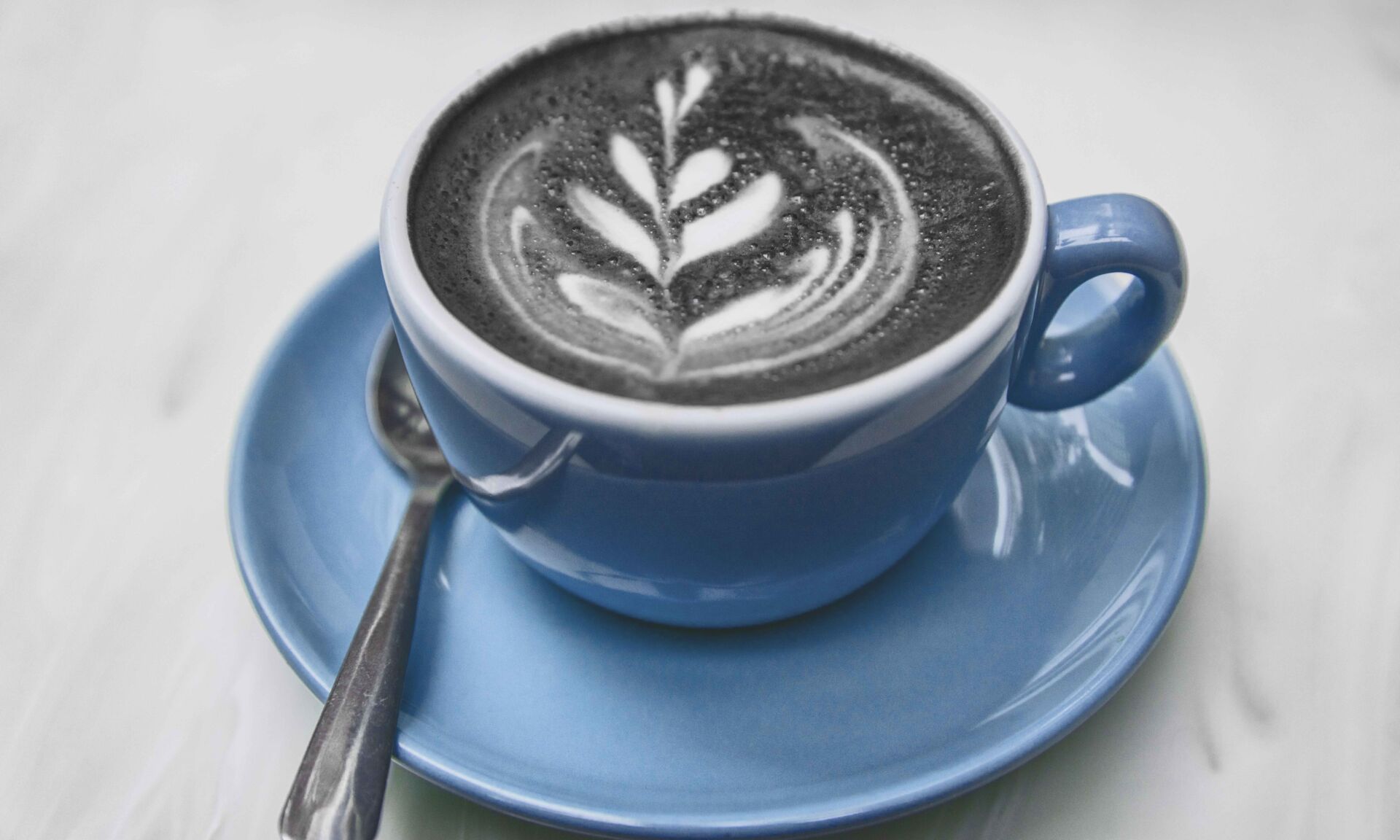 Charcoal latte coffee cup activated charcoal black powder mixed in cappuccino milk froth for healthy detox hangover cure american trend.