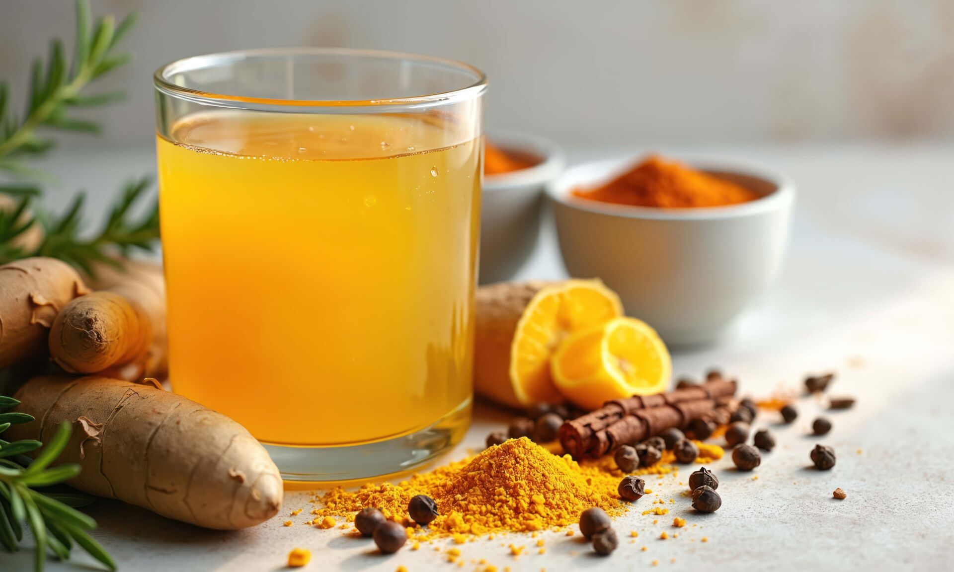 Golden turmeric drink with ginger, lemon, cinnamon and spices. Natural wellness beverage for health. Refreshing herbal tonic for immunity. Nourishing and warming liquid.