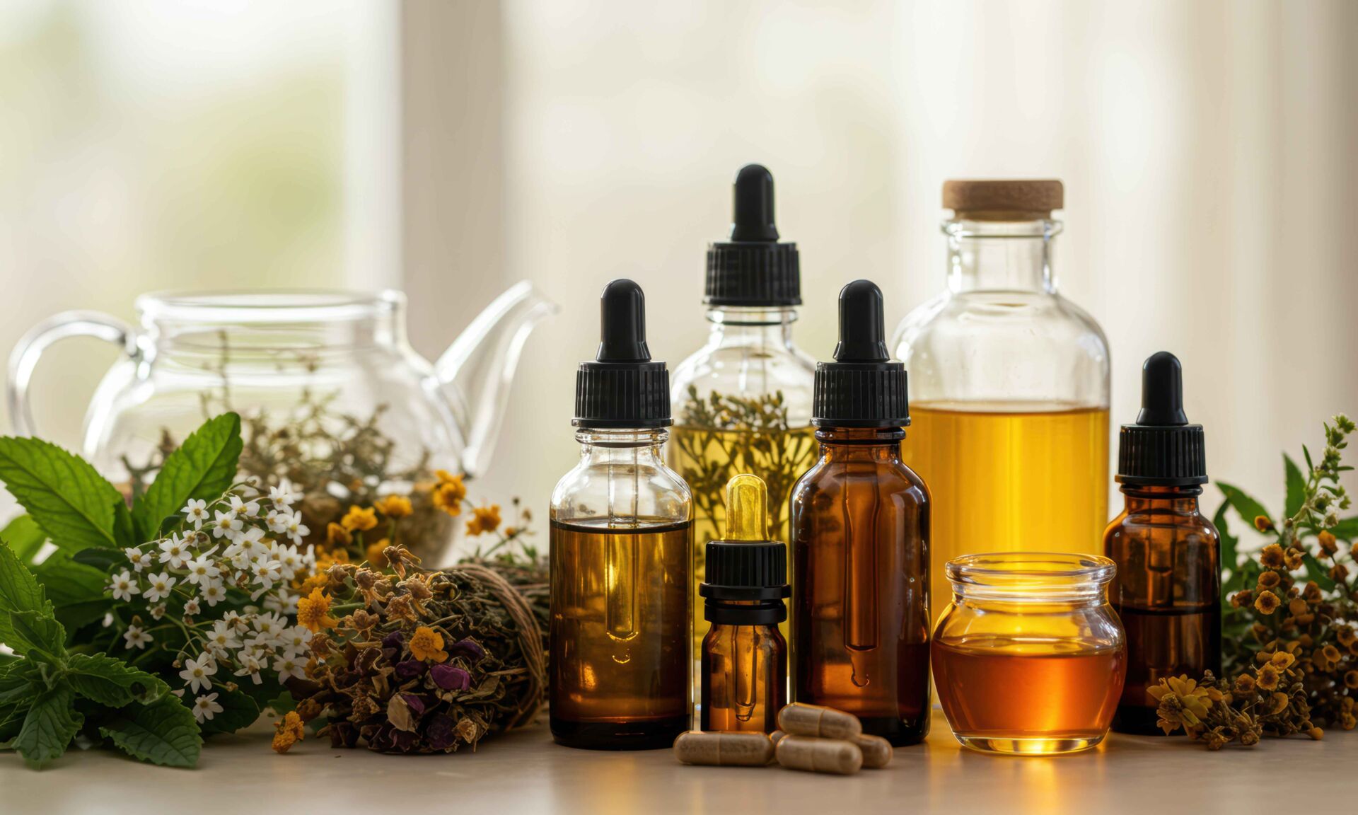 Still life of essential oils, herbs and flowers, natural remedy