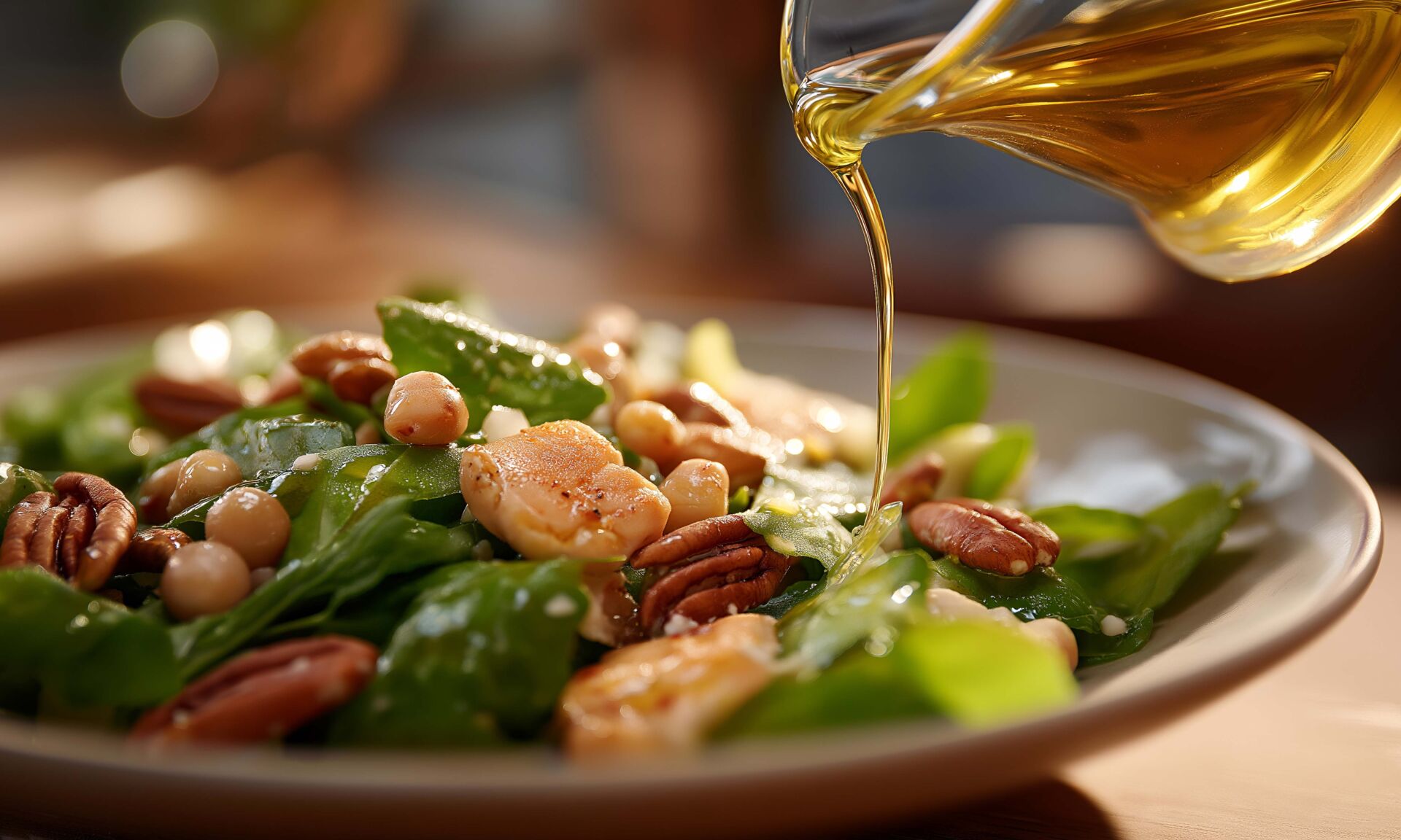 Close-up of olive oil being drizzled over a salad beside nuts, l