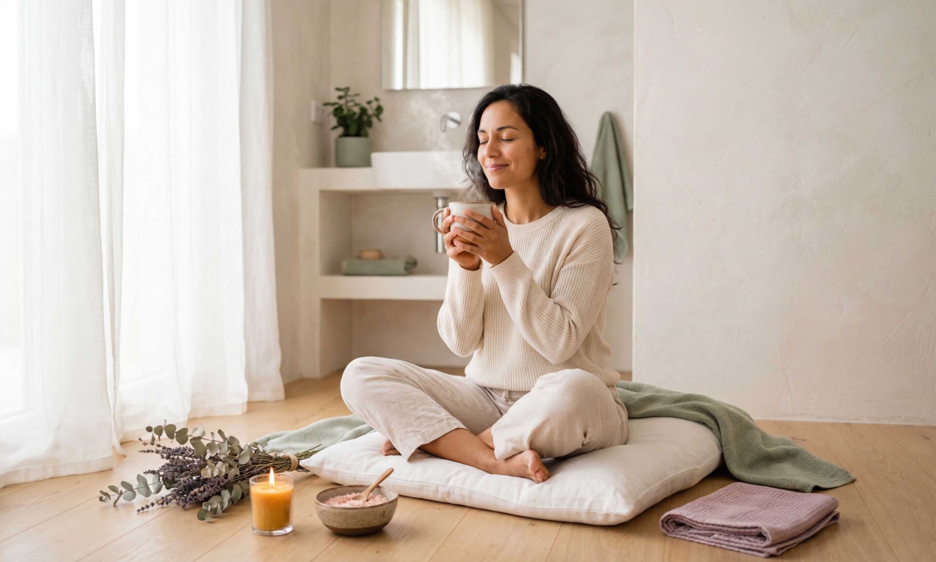 Serene woman enjoying mindful self-care morning ritual with herb