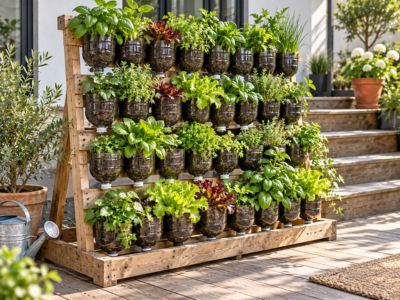plants on a vertical rack in plastic bottle